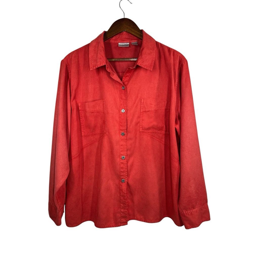 Chicos Size 3 Womens Orange Red Faux Suede Button Up Top Long Sleeve XL